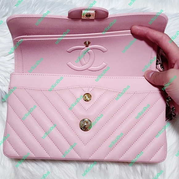 CHANEL 21s CHEVRON CAVIAR SAKURA PINK CLASSIC SMALL FLAP BAG - Picture 7 of 15
